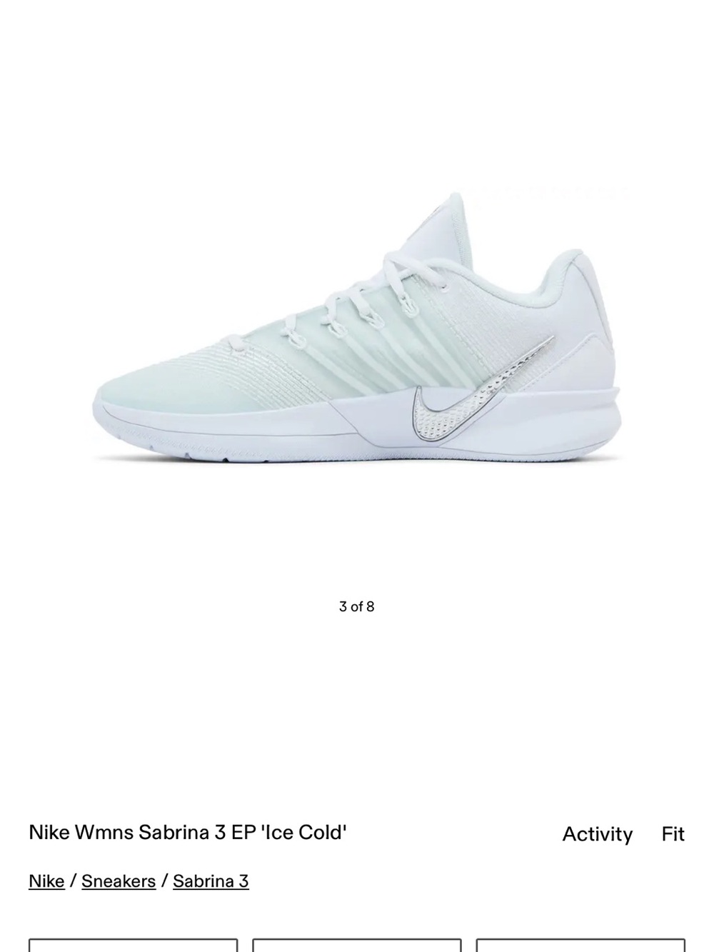 Nike Women’s Sabrina 3 EP in Ice Cold White with Silver Swoosh